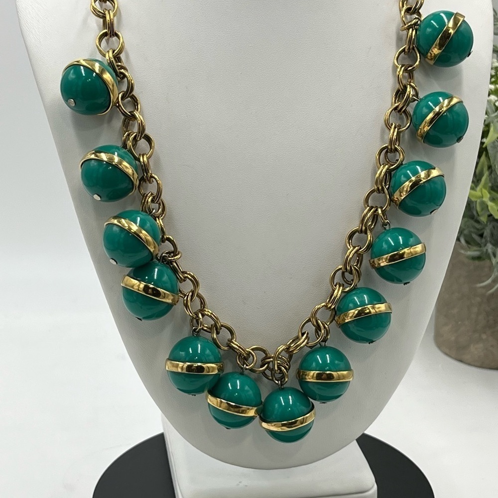 Vintage J. Crew Gold‎ Banded Large Green BUBBLE BEAD Statement Necklace 90's